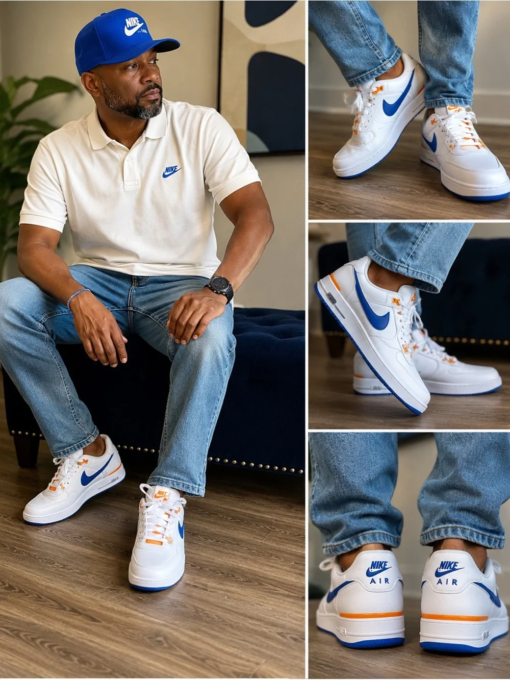 Nike Men's White Sneakers with Blue Swoosh & Orange Accents